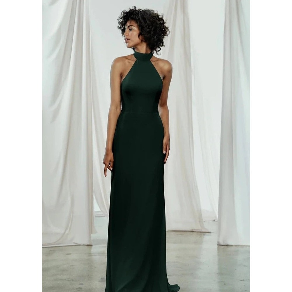Amsale GB070F Sophia Hunter Green Flat Chiffon Halter‎ Bridesmaid Gown Size 8